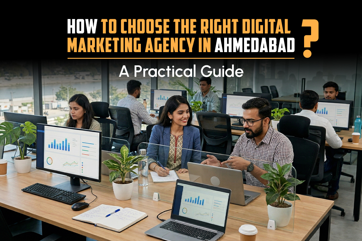 Team discussing digital marketing strategies in an office while choosing a digital marketing agency in Ahmedabad