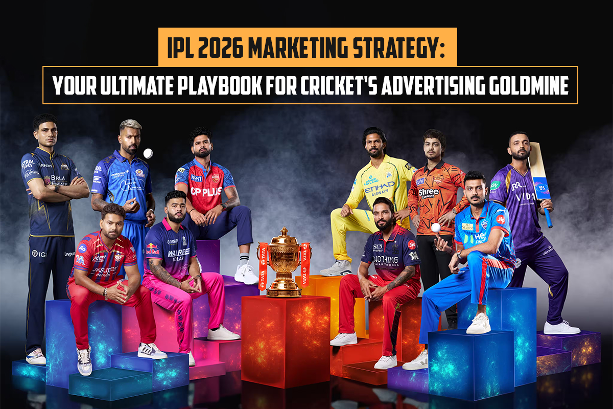 IPL 2026 marketing strategy banner featuring top cricket teams and players with trophy highlighting advertising, branding and campaign opportunities